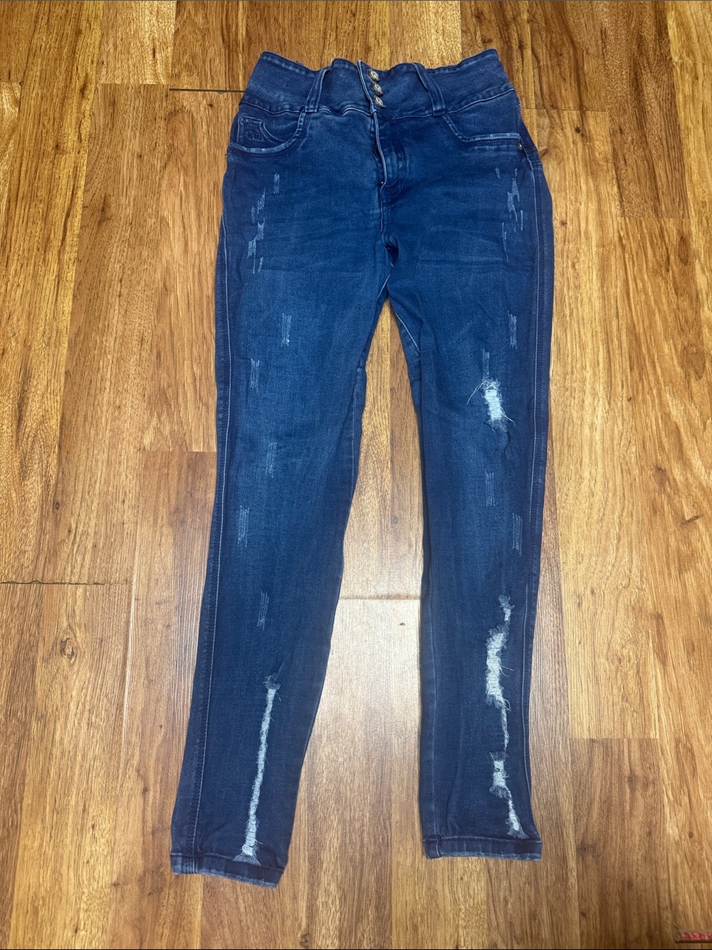 High-Rise Distressed Skinny Jeans - Dark Blue
